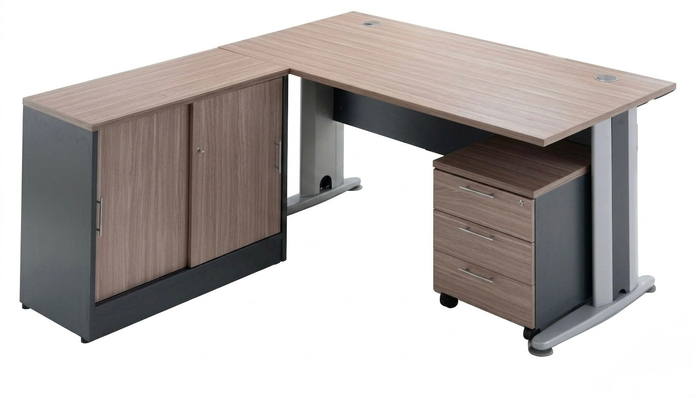 L-Shape Table With Side Cabinet & Mobile Pedestal - Metal Legs