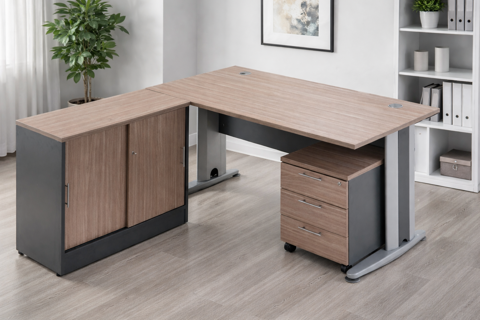L-Shape Table With Side Cabinet & Mobile Pedestal - Metal Legs