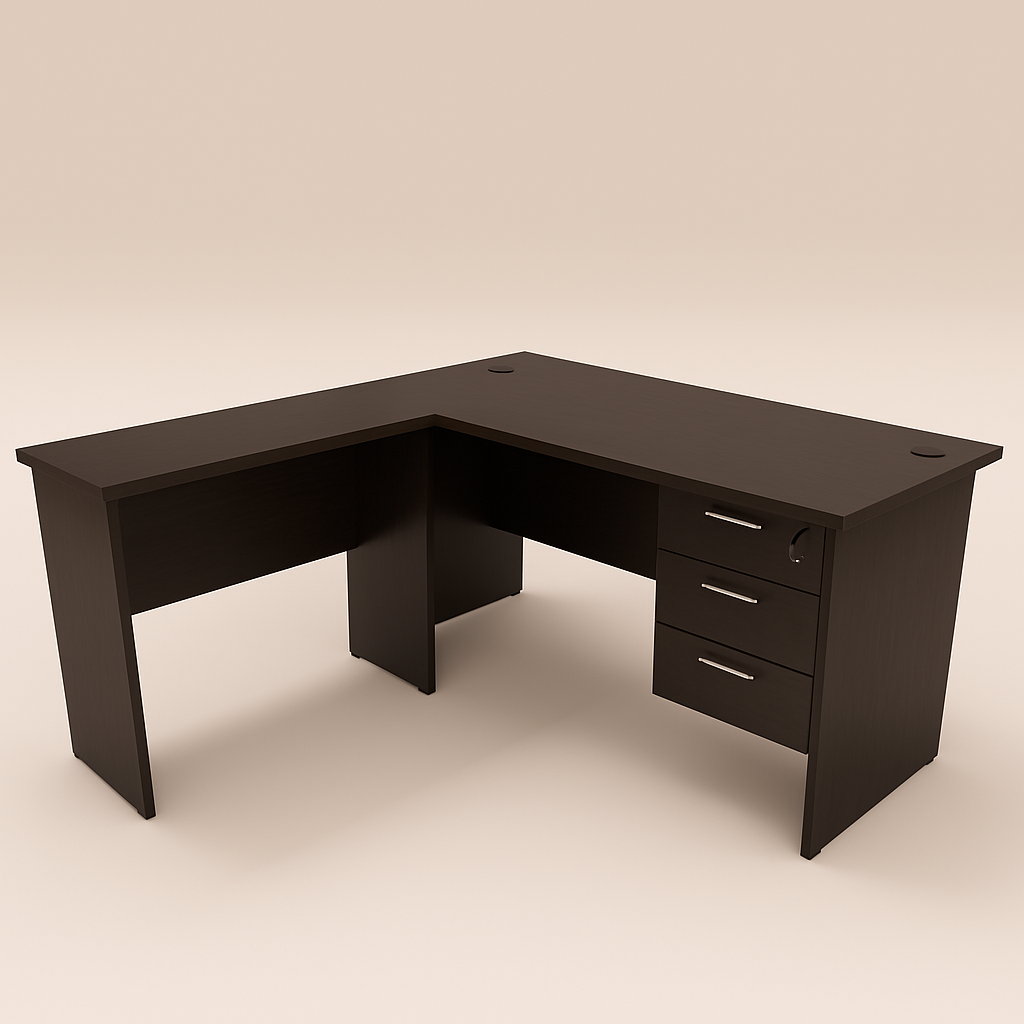 L-Shape Table with 3 Fixed Drawers – Walnut
