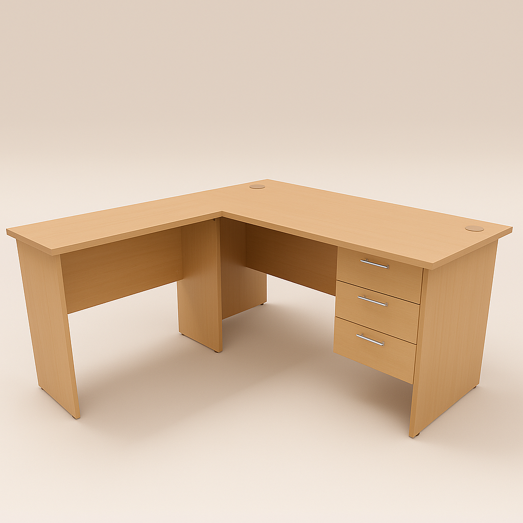 L-Shape Table with 3 Fixed Drawers – Beech