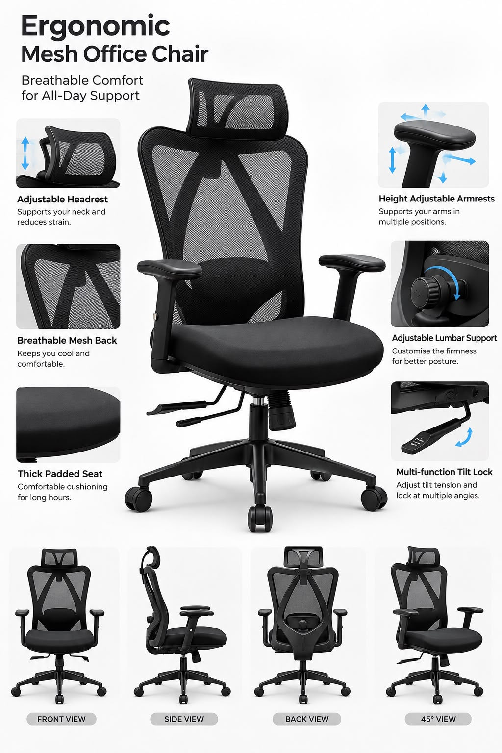 Mesh Chair with Adjustable Lumbar Support - YOE F62