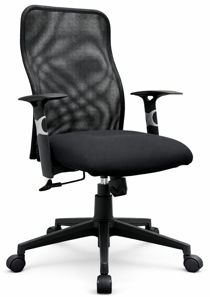 Black office chair with mesh back on a white background